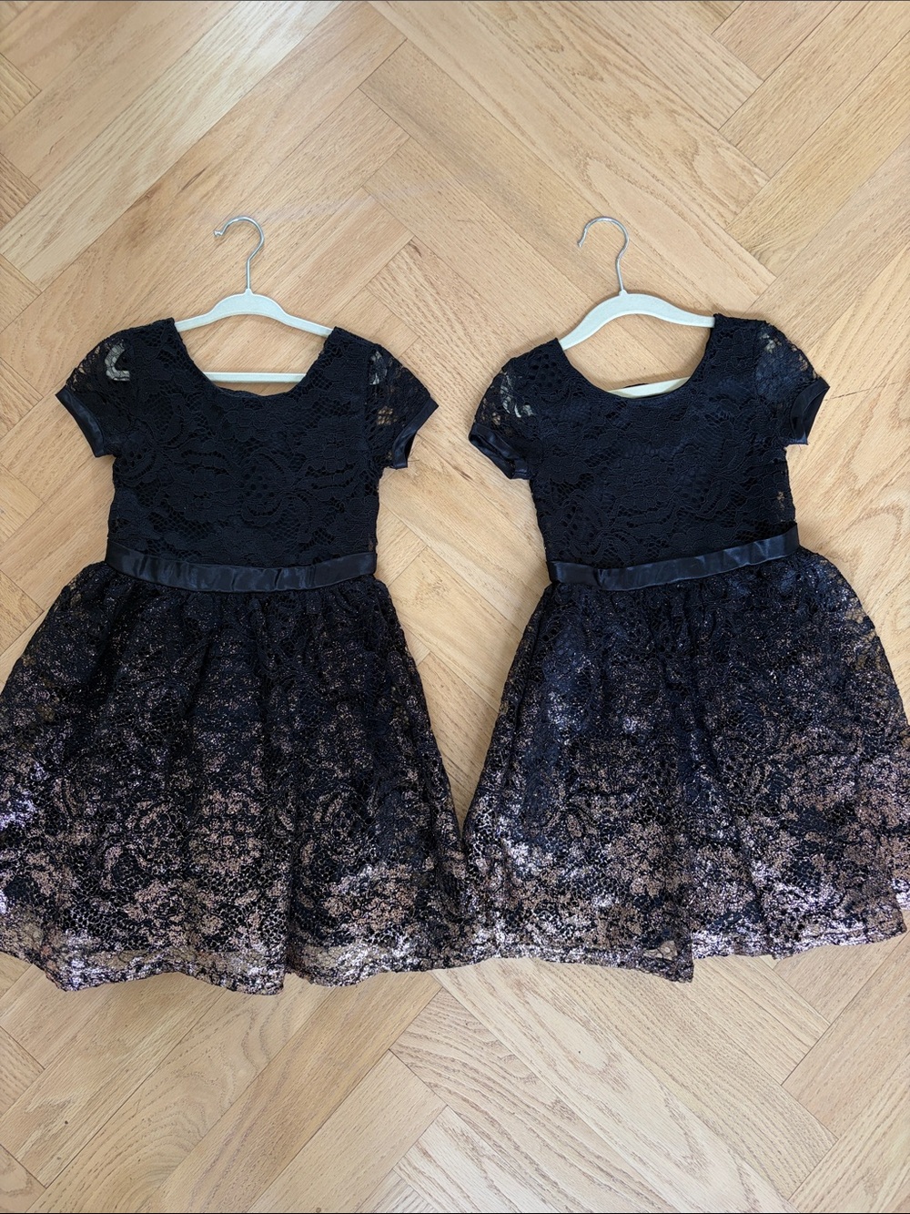 Us Angels Black Lace Bodice with Metallic Bronze Skirt Girls Dresses (Twins)